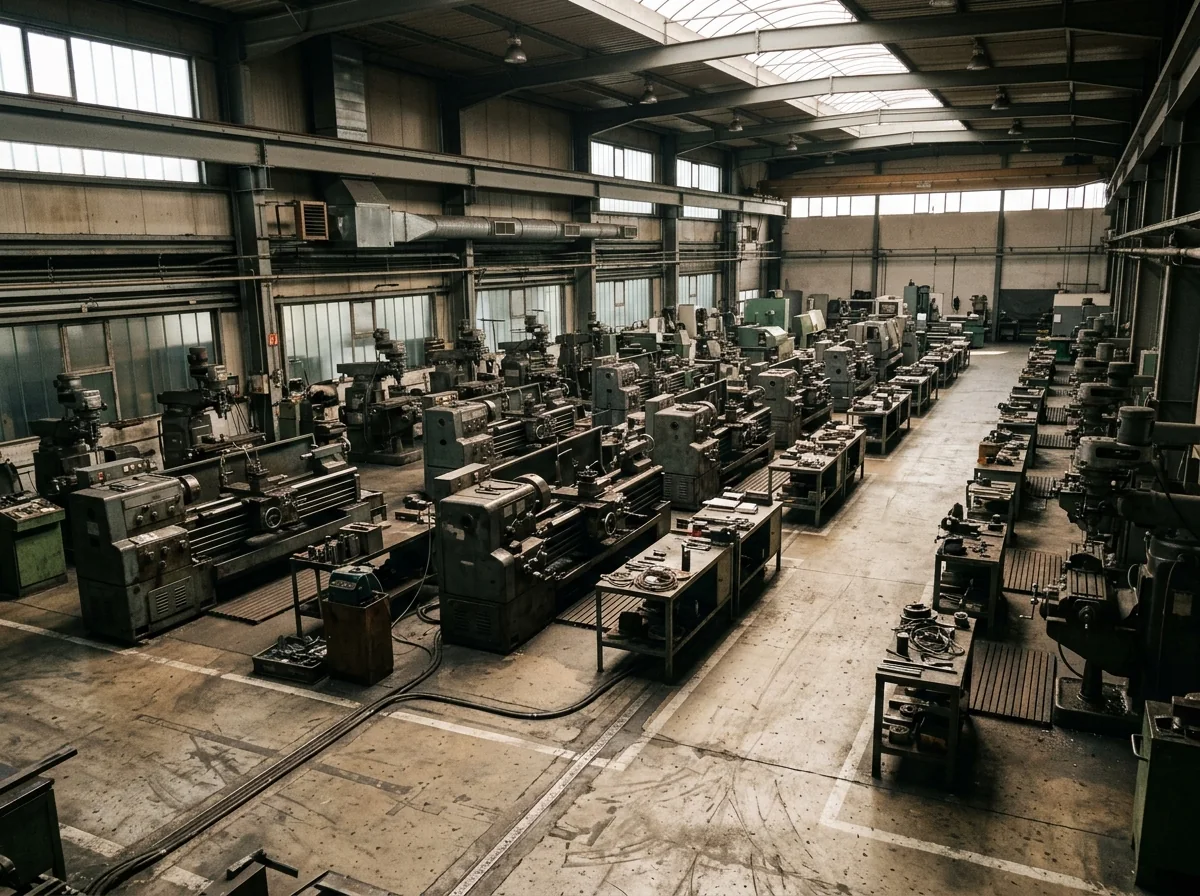 Parallel rows of metalworking equipment inside an industrial hall.