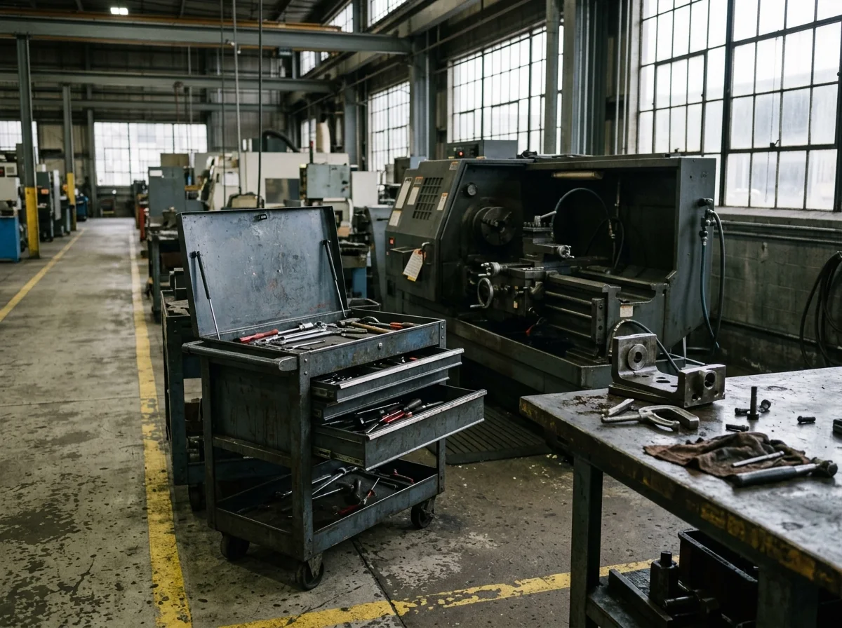 A metalworking station with a tool cart and a fixture on a nearby bench.