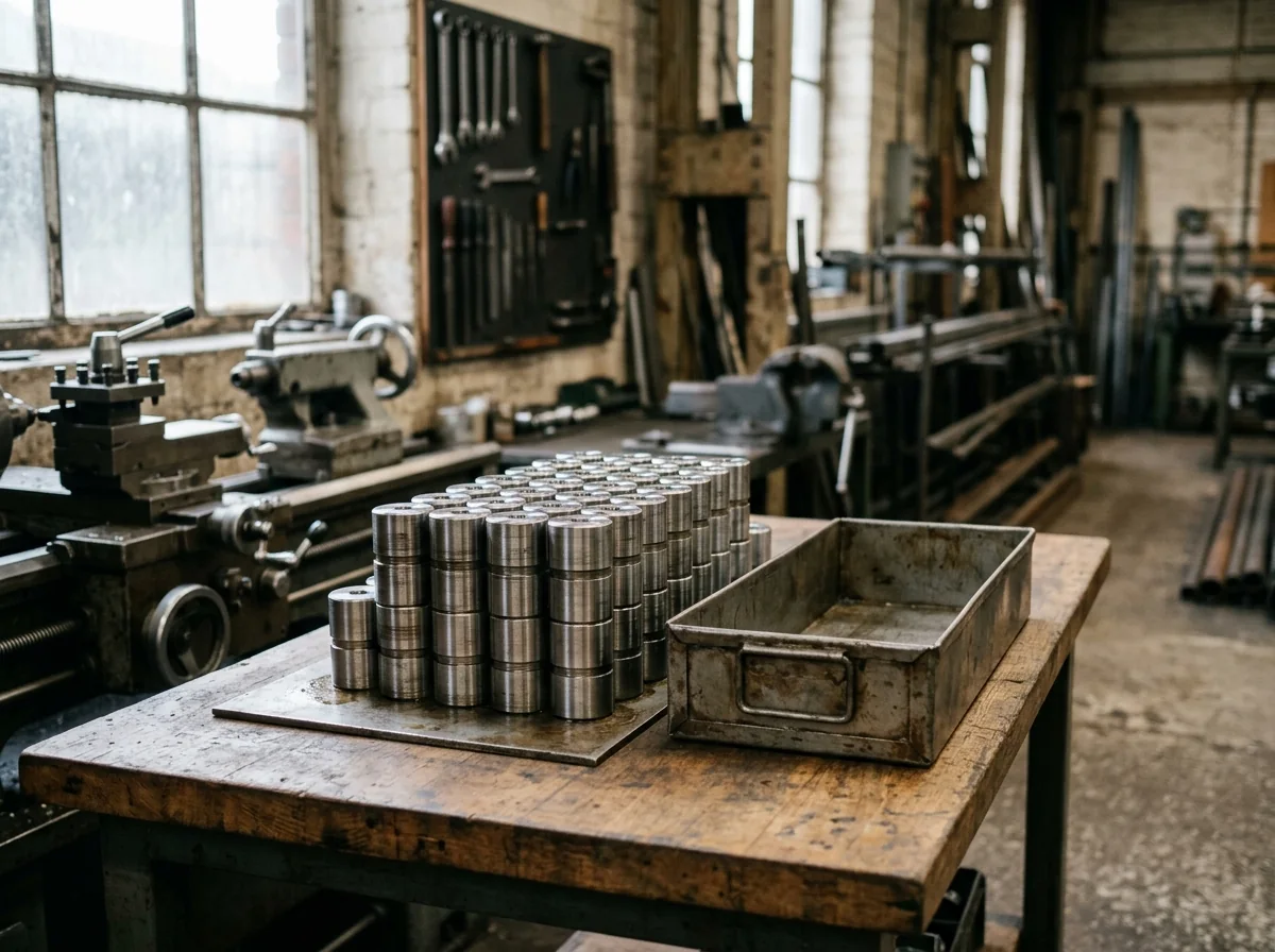 A metalworking station beside trays of machined metal components.
