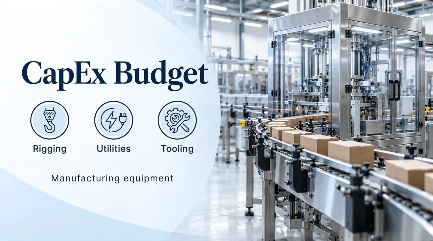 CapEx Budget cover with Rigging, Utilities, and Tooling icons beside a stainless-steel packaging conveyor line