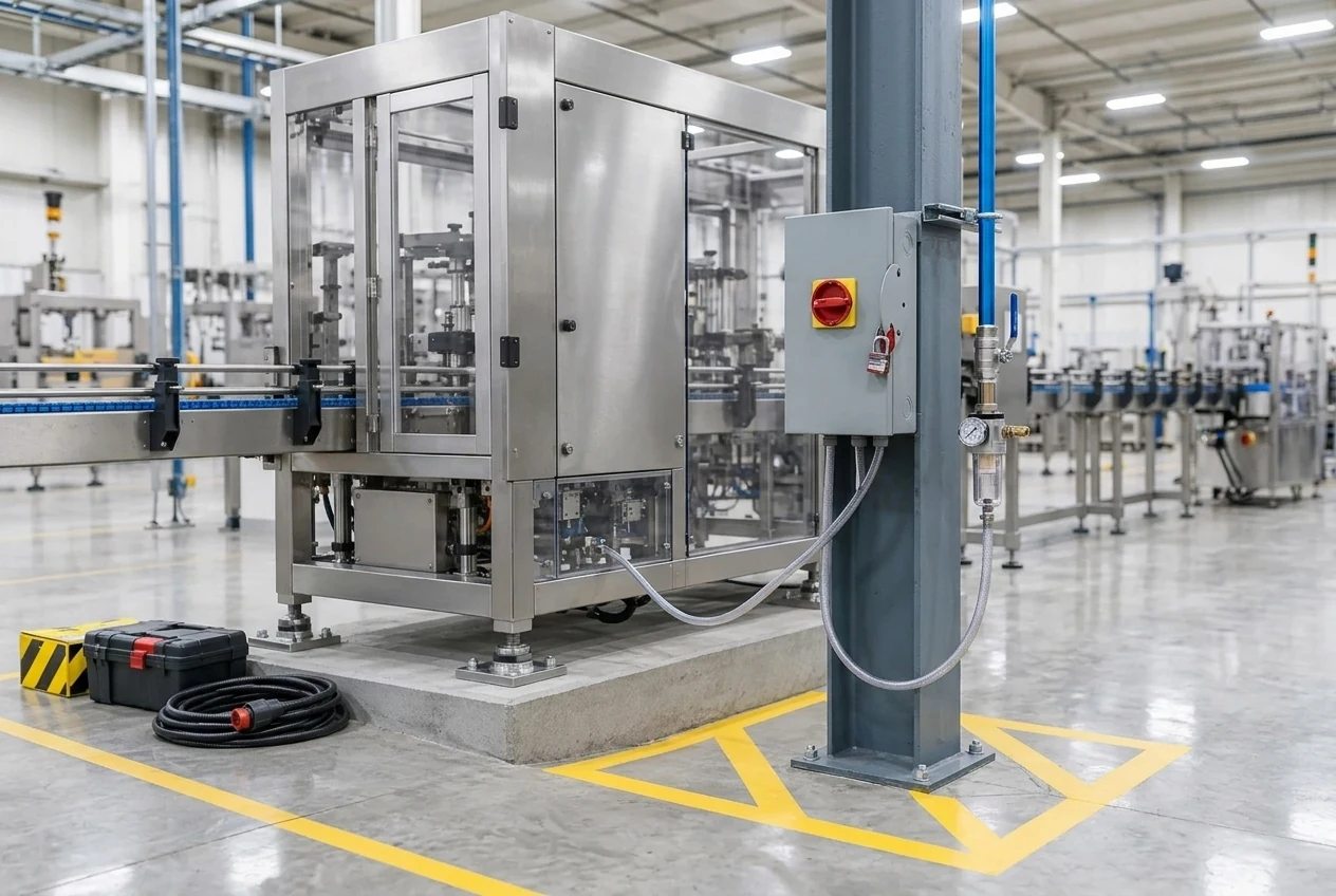 Industrial plant column with a gray lockable electrical disconnect switch, yellow floor working clearance markings, and a blue aluminum compressed air drop with regulator and gauge