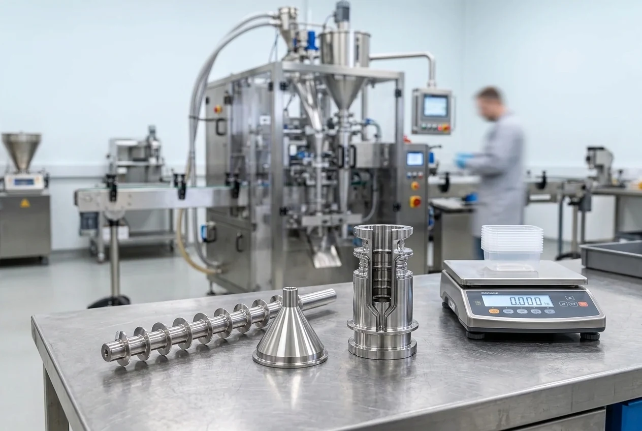 Stainless-steel dosing auger screw, conical funnel nozzle, and pouch forming collar on a test bay workbench beside a digital checkweighing scale and filling machine