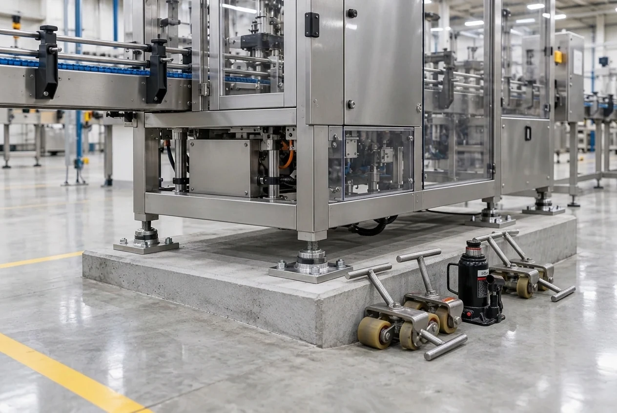 Stainless-steel packaging machine frame on a concrete plinth with bolted leveling feet, machinery rigging skates, and a hydraulic toe jack beside a yellow floor line
