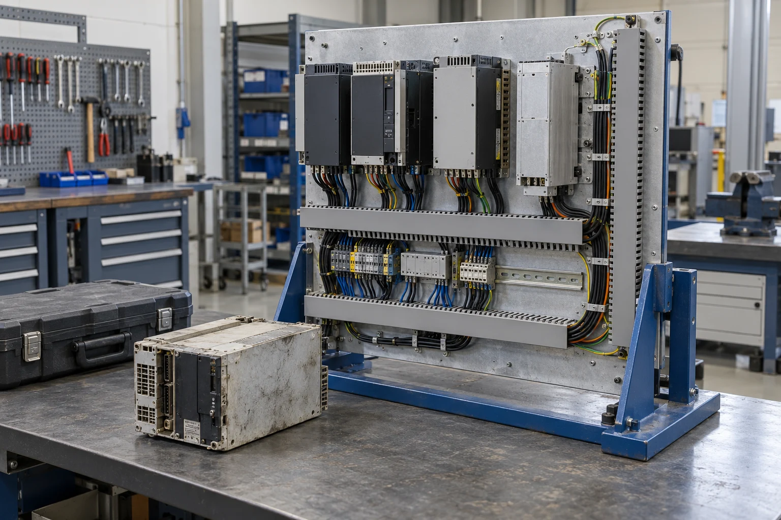 Detached machine control backplate held in a workshop jig with a removed control module resting on the bench
