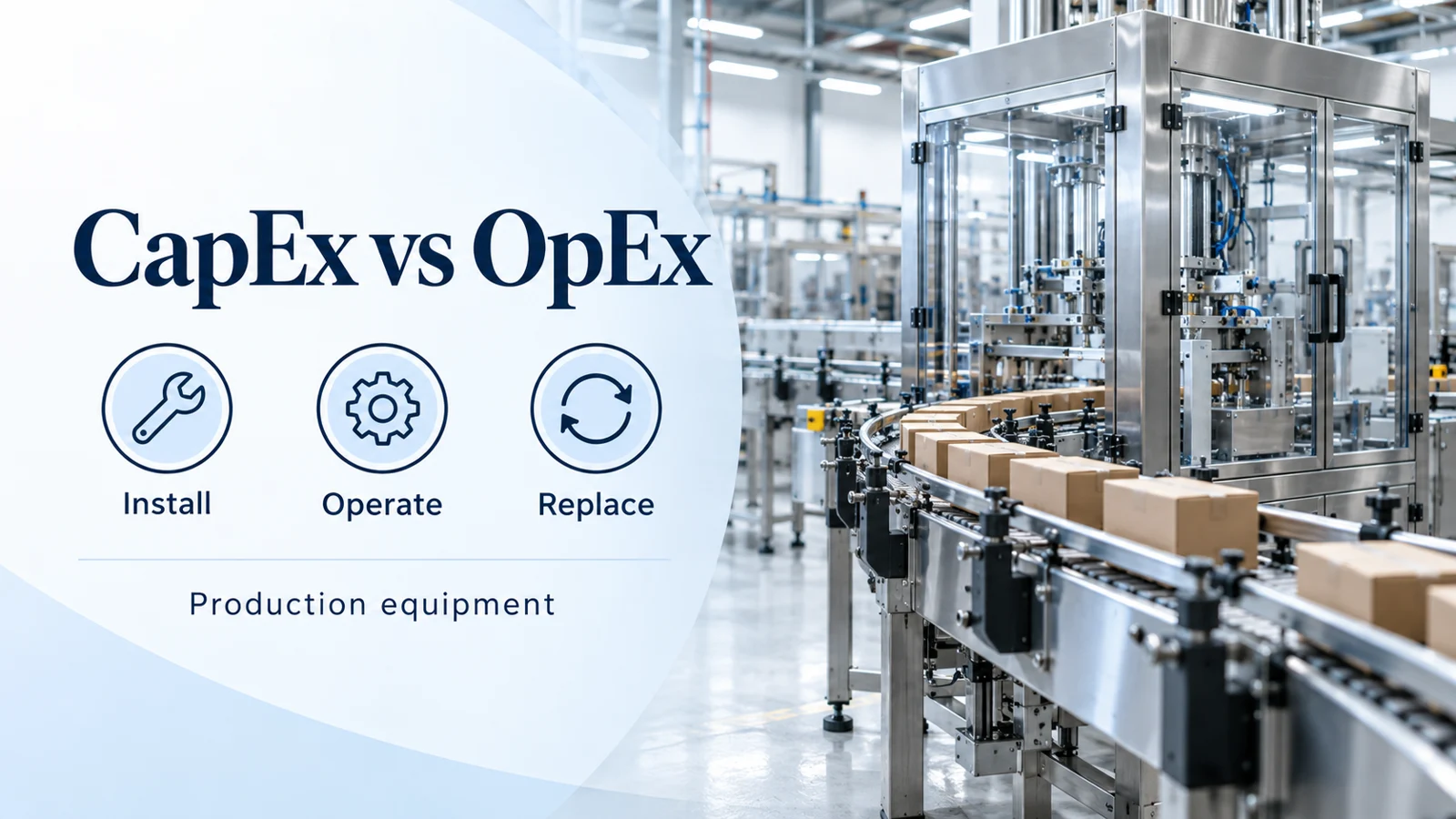 CapEx vs OpEx cover with Install, Operate, and Replace icons beside an enclosed production line