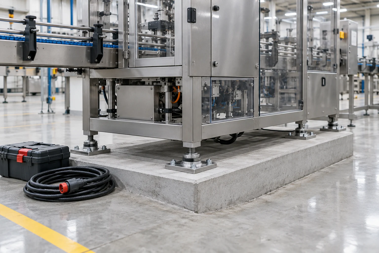 Packaging machine feet anchored to a dedicated concrete plinth, with a cable coil and toolbox beside the installation