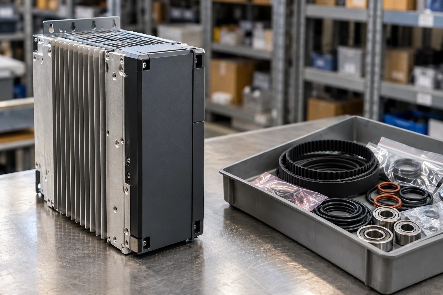 Large spare industrial drive module beside a separate tray of belts, seals, and bearings on a maintenance bench