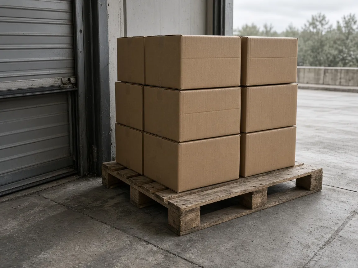Plain cartons stacked on a pallet beside a dock door.