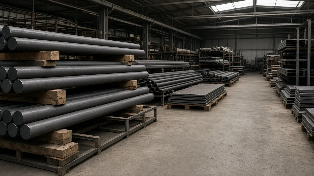 Steel bar and sheet stock stored on racks along a factory aisle.