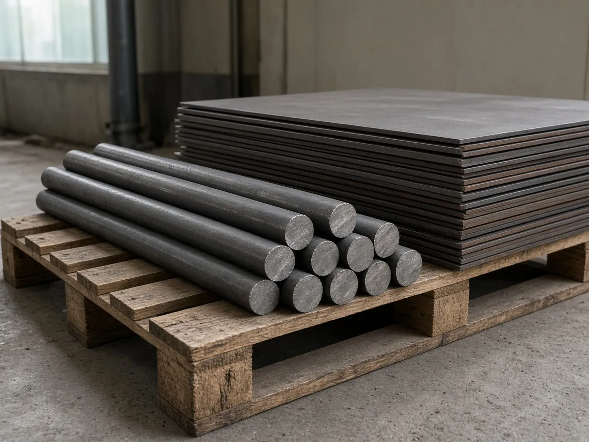 Steel bars and a stack of sheet metal on a wooden pallet.