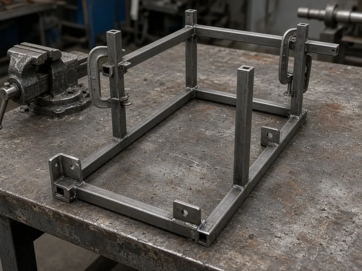 A partly assembled steel frame clamped on a workbench.