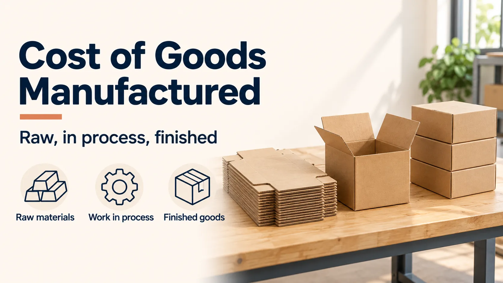 Flat blanks, an open carton, and closed cartons beside the labels Raw materials, Work in process, and Finished goods.