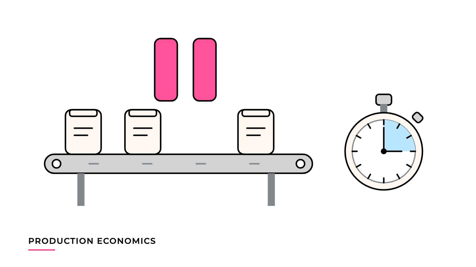 Illustration of a stopped conveyor with a large pink pause symbol above it and a stopwatch beside it