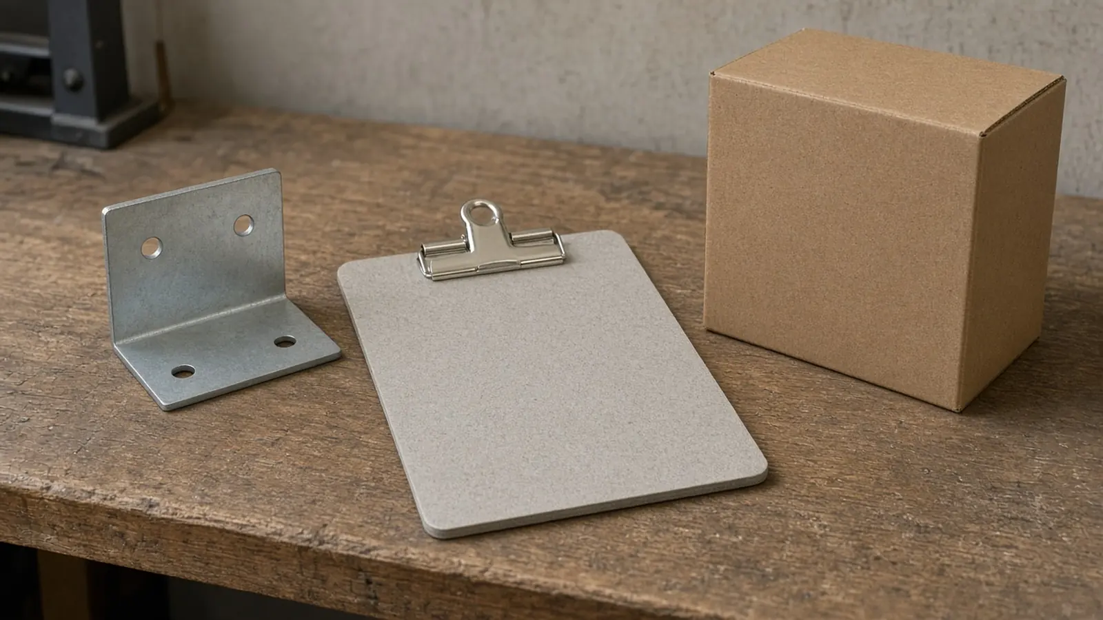 A plain metal bracket, a blank clipboard, and an unmarked carton on a wood bench