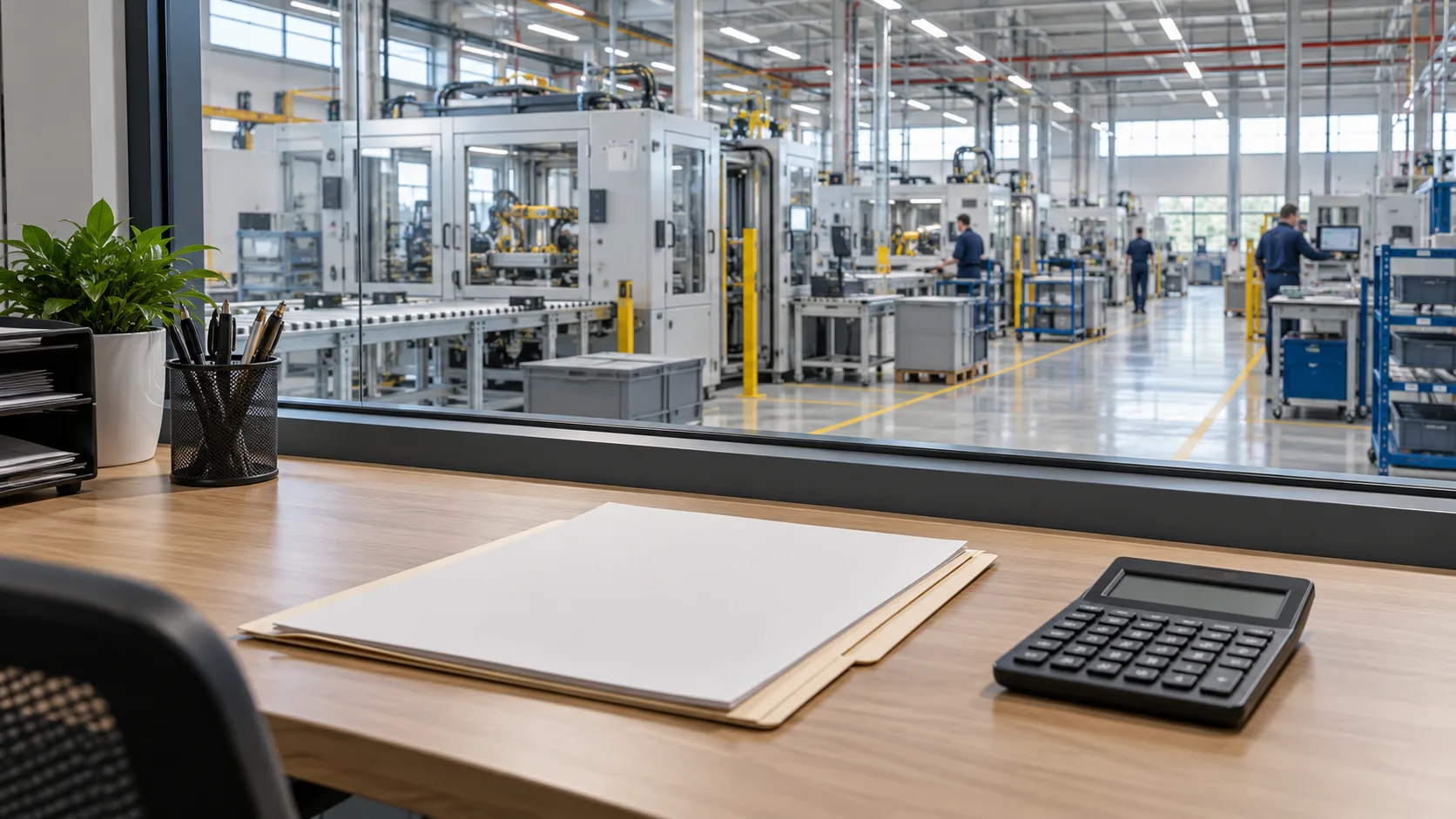 Planning desk overlooking a manufacturing floor