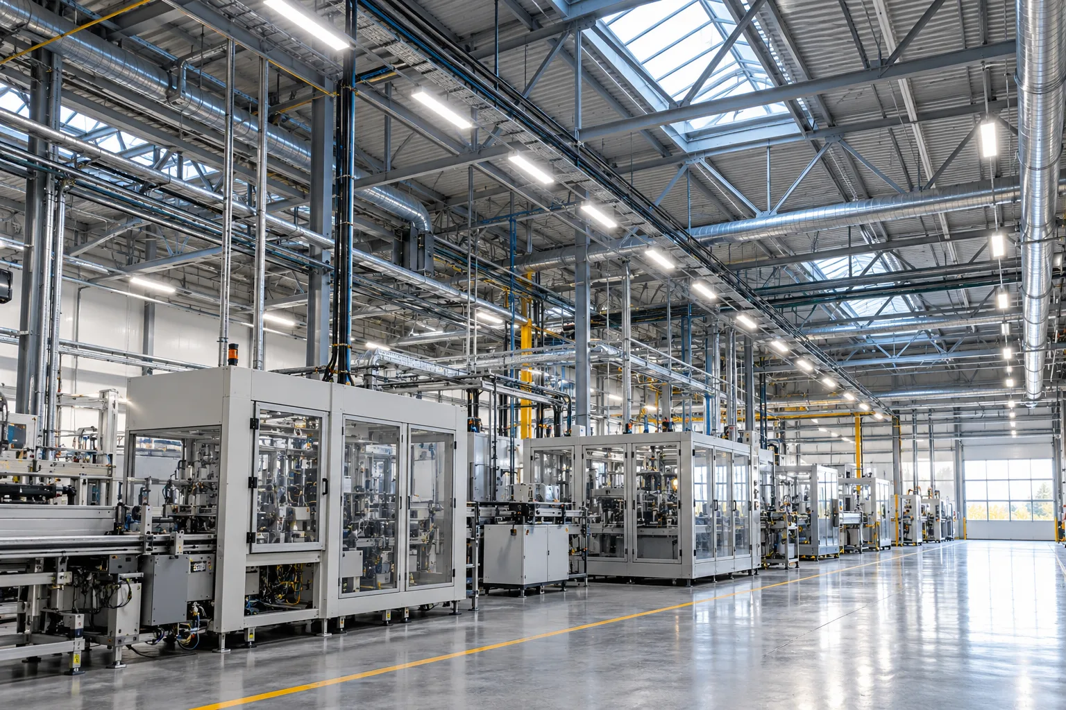 Overhead lighting and enclosed machinery on a factory floor