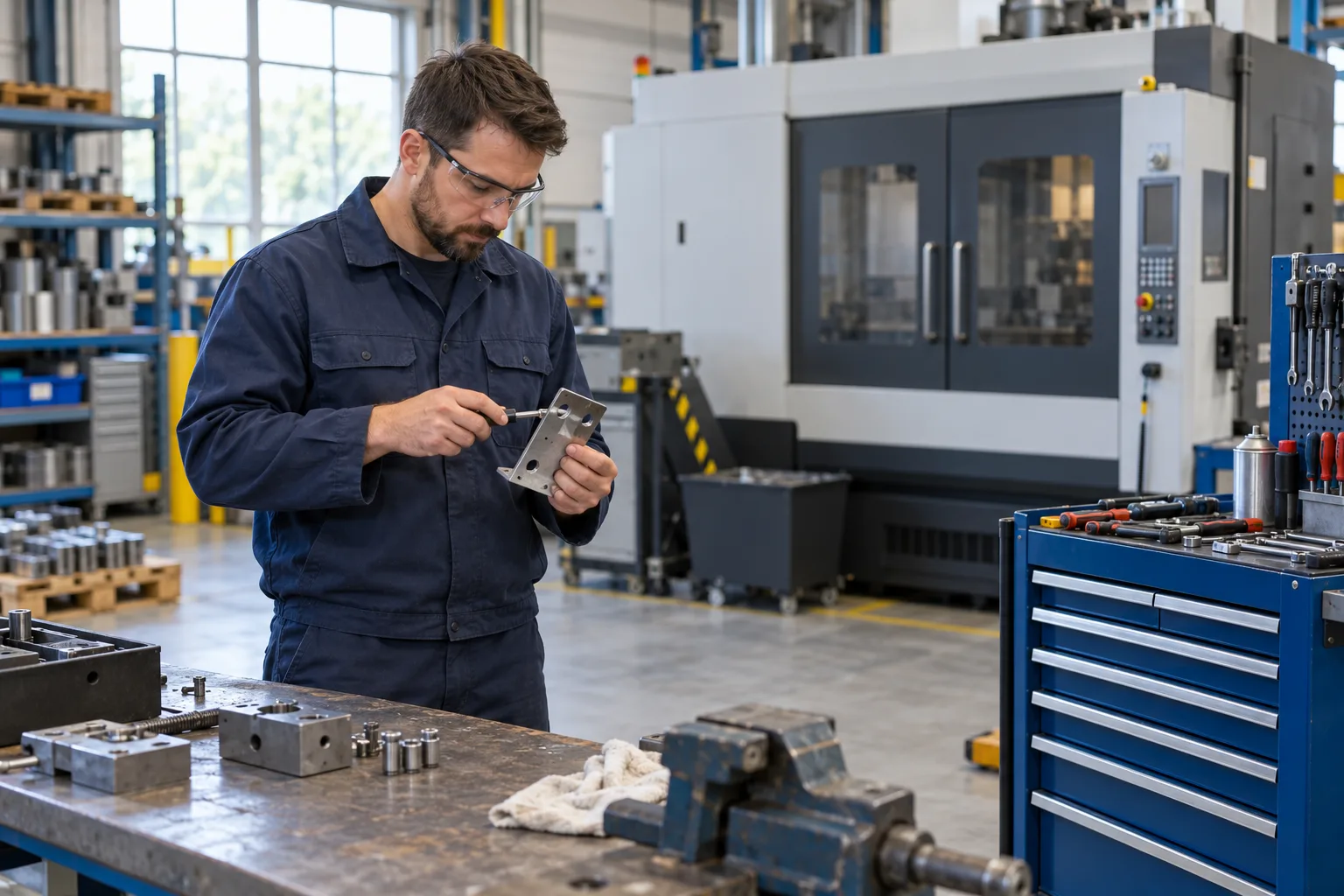 Worker examining a metal part beside a workshop tool trolley
