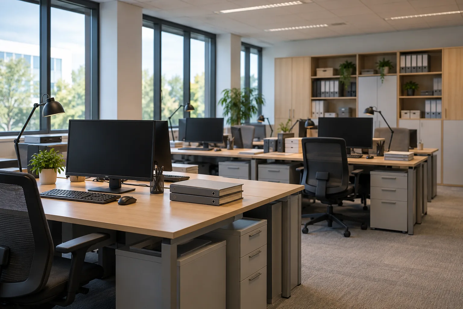 Office desks, monitors and ceiling lights beside large windows