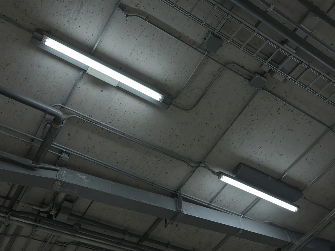 Fluorescent tube lights, metal conduit, and pipes on a concrete factory ceiling.