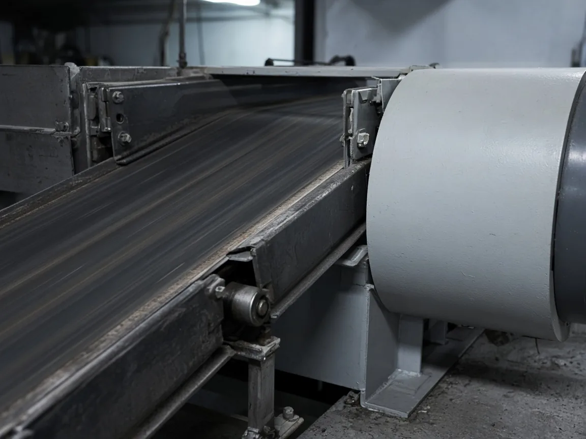 A moving conveyor belt beside a painted motor housing.