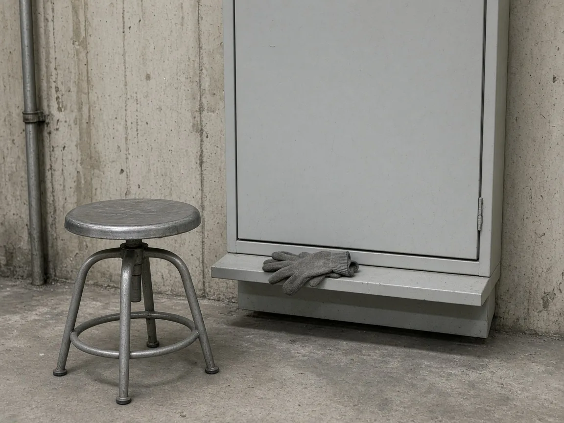 An empty metal stool and a pair of gloves beside a closed cabinet.