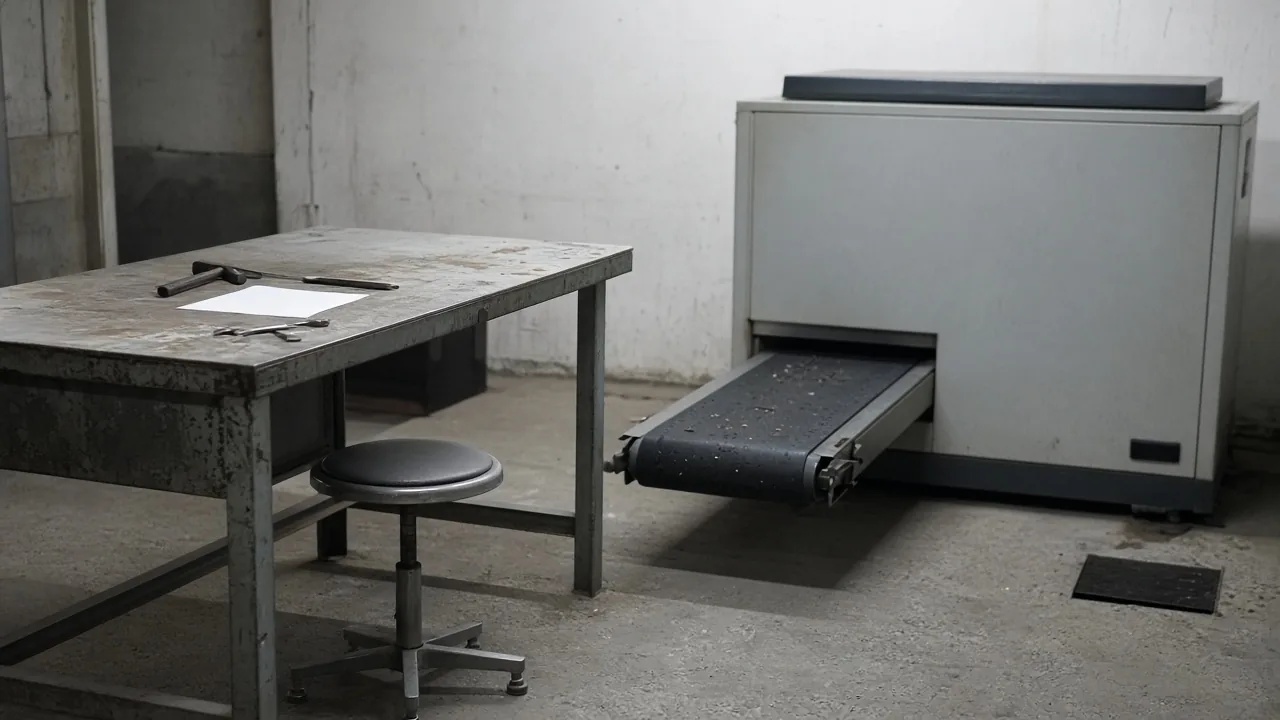 A steel workbench with an empty stool and a blank sheet of paper beside a plain enclosed machine and a short conveyor.