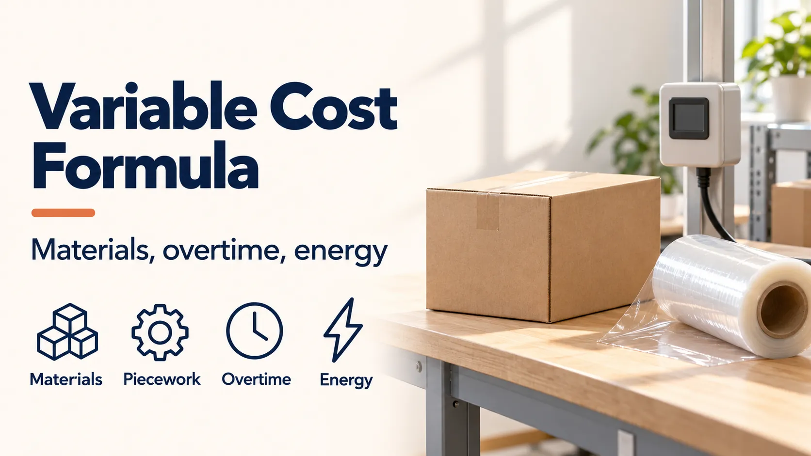 A plain carton and film roll beside the labels Materials, Piecework, Overtime, and Energy.